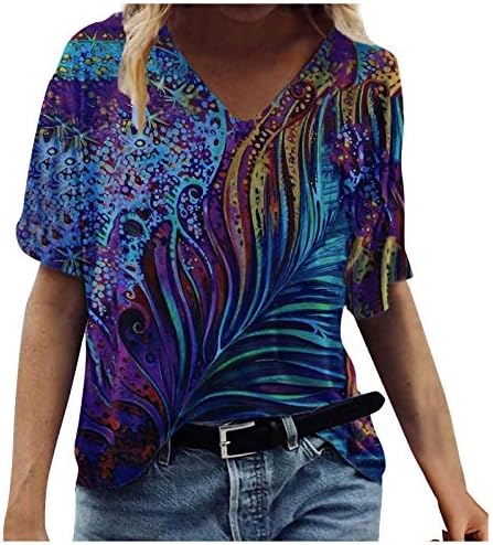 Ljetni casual vrhovi za žene svugle šarene vrhove tiskara V izrez kratkih rukava majica 2023 Trendi bluze