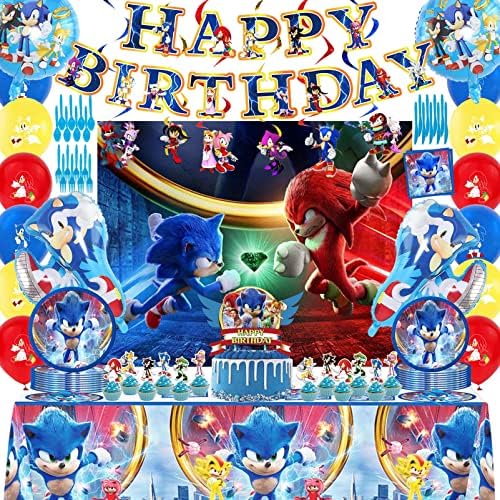 Sonic Birthday Party Supplies Set, 123kom Sonic Birthday Party Dekoracije uključuju pozadina, Banner, baloni, torta Toppers, stolnjak, ploče za Sonic potrepštine