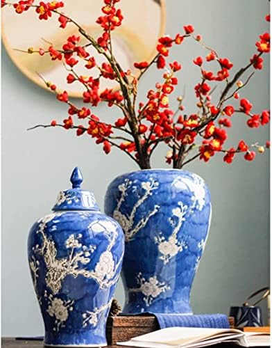 CNPraz Plava keramička vesla đumbir sa poklopcem za kućni dekor, cvijet šljive uzorak hram jar vaza Tradicionalni porculan sušeni cvjetovi za cvijeće Boul Sin