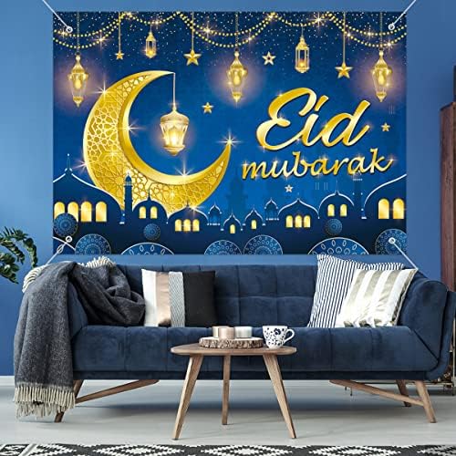 Eid Mubarak ukrasi za zabavu, 5 × 3 ft plavi ramazan Mubarak banner, ramazan party zalihe, musliman ramazan kareem banner, Eid Mubarak