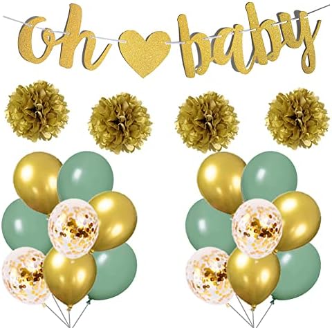 Rodno neutralni ukrasi za tuširanje beba Oh Baby Banner žalfija zeleni i Zlatni baloni komplet Luka maslinasto zelene konfete tačke