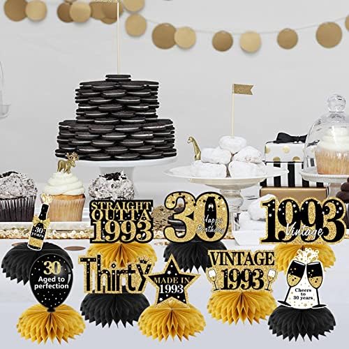 9pcs 30th birthday Decorations Honeycomb Centerpieces for Men Women, Black Gold Vintage 1993 Aged to Perfection Table Centrepiece