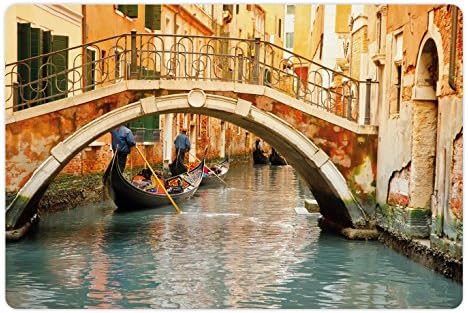 Ambesonne Venecija prostirka za kućne ljubimce za hranu i vodu, mostovi i tradicionalni kanali gondole poznatog turističkog grada, pravougaona neklizajuća gumena prostirka za pse i mačke, Orange Ivory Bluegrey