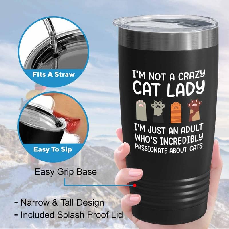 Flairy Land Cat Lady Black Tumbler 20oz - Strastvena mačka -Cat TheMed Kuhinjski pribor Mačka roditelj Poklon Mačja osoba Feline Mom