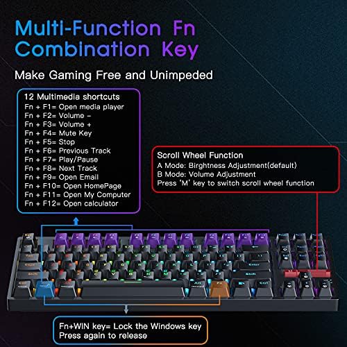 RECCAZR TK18 TKL mehanička tastatura za igre RGB Dugina kompaktna žičana Tastatura sa pozadinskim osvetljenjem sa valjkastim kontrolerom i Anti-Ghosting za Windows PC