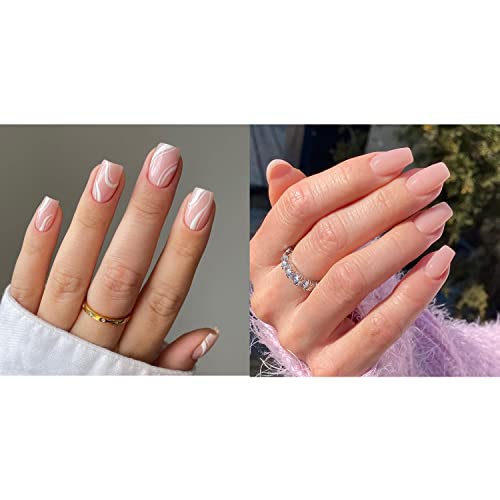 Bijeli Kovitlaci pritisnite na noktima kratko & amp;svijetlo ružičasto ljepilo na noktima srednje dugo lažni nokti za žene i djevojke