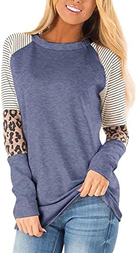Košulje s dugim rukavima za žene, ženska jesen i zimska modna leopard ispis prugasti okrugli vrat dugih rukava
