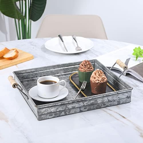 MyGIFT 12-inčni kvadratni pocinčani metalni dekorativni ladici sa mango ručkama drva, rustikalna ladica za posluživanje servisa -