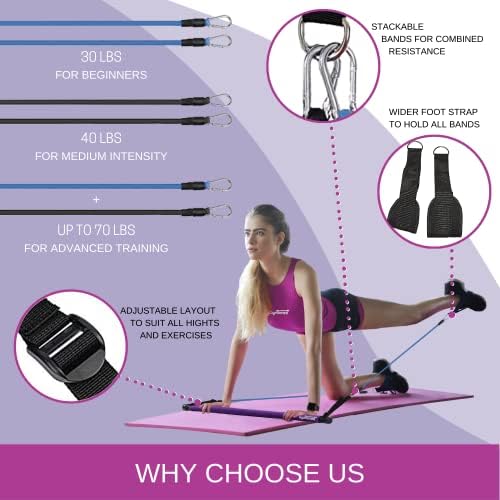 Pilates Bar komplet sa otpornim trakama - prenosivi štap sa 3 sekcije sa podesivim trakama dužine - multifunkcionalna Fitnes oprema za kućne treninge - sa vodičem za vežbe