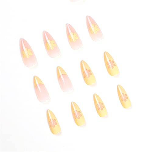 Bademovi lažni nokti kratki puni poklopac francusko žuto cvijeće ljetna presa na noktima 24 komada Nail Art Savjeti za salone noktiju i žene DIY Nail Art