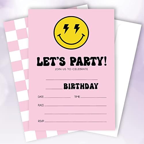 20 seta Retro Preppy Pink Smiley Lice Rightning Rođendan Poziv sa kovertama, hajde da se zabavimo dvostruke ispisane strane pozivnice za pozivnice za tinejdžere, preppy rođendan poziva