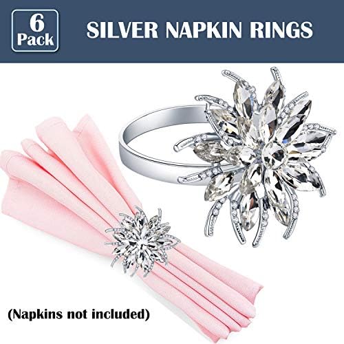 Awsaccy Rhinestone salveting prstenovi srebrni set od 6, slatka elegantna kristalna bljuvina cvijeća prstena sa salvetama obnašaju servisene kopče držača za vjenčanje za rođendan za vjenčanje Uskrsnik za rođendan