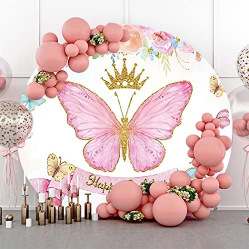 Laeacco Pink Butterfly Happy Birthday round Backdrop Cover 7. 2x7. 2ft Sweet Girls Birthday photography Background Floral Flowers Glitter Golden Crown Little Princess Birthday Party Photo Studio Prop
