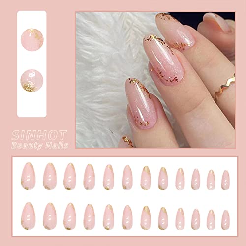 SINHOT Srednja bademova presa na noktima Stiletto lažni nokti sjajni lepak na noktima Nude ružičasti akrilni nokti zlatni sjajni lažni nokti sa dizajnom 24 kom