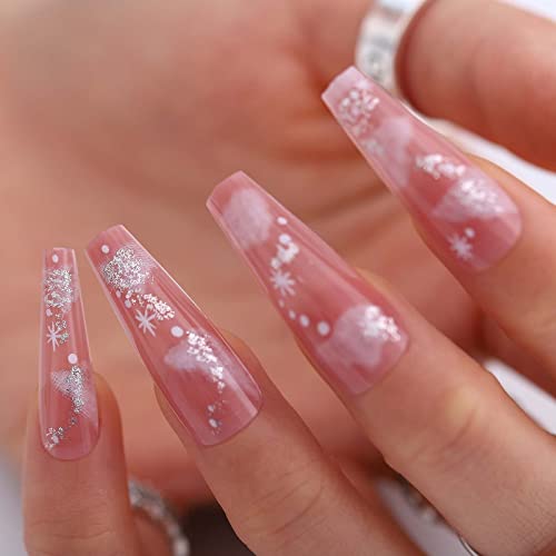 Florry Pink Božić lažni nokti Extra Long Coffin Press on Nails Cloud Snowflake Full Cover umjetni nokti za žene i djevojke