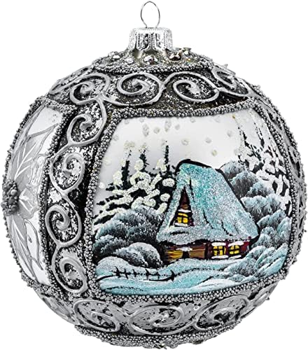 Poljska Galerija Božićni ukras, zimski šarm pogled sa Poinsettia, puhana staklena lopta