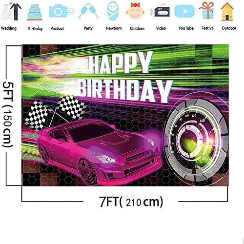 Mehofond 7x5ft Car Racing Happy Birthday Backdrop, Racing Party Photo Background za dječake, cars Party Decorations Car Banner Pink