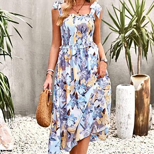 Ljetne haljine za žene Casual kvadratni vrat Maxi haljine bez rukava naramenice za kravatu sa cvjetnim sarafanom na plaži Swing duga