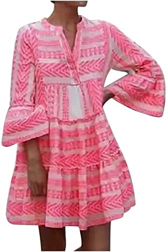 Lmdudanske ljetne haljine za žene cvjetni print 3/4 rukav majica haljina modna gumba V Swing Ruffle Hem Hawer