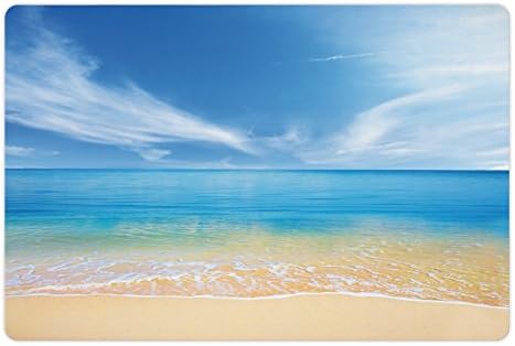 Lunarable Tropical pet Mat za hranu i vodu, plaža sa sunčanim zrakom mirna voda Serena relax Panorama za odmor, pravougaona neklizajuća gumena prostirka za pse i mačke, nebesko plava pješčano smeđa