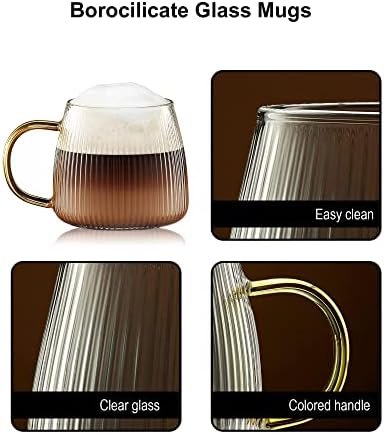 ZHMTang Glass šolje za kafu Set od 2 Borosilikatne čaše 12,5 Oz. Šalice u vertikalnim prugama sa Svijetložutom ručkom