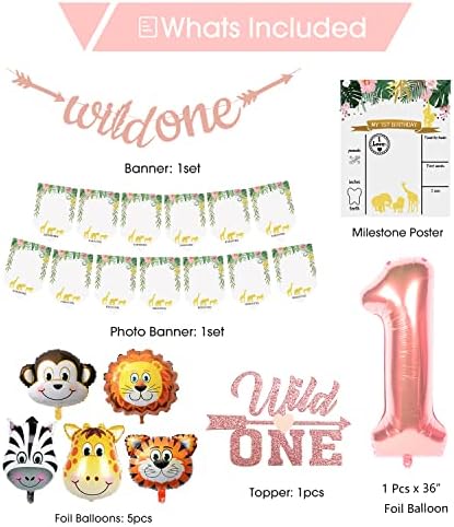 GREPARPY Wild One Birthday dekoracije djevojke - Safari dekoracije za prvi rođendan uključuju balonski luk, Foto Baner, Highchair Banner, krunu, Topper, Milestone Poster, Jungle tema potrepštine za zabavu Girl
