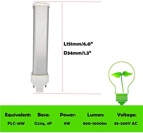 E-Simpo 2kom 9w G24 LED sijalica horizontalna udubljena 6/151mm 800-1000lm CFL 2U PL-C 18w ekvivalentna 180 stepeni baza snopa Retrofit LED Plug-in sijalica