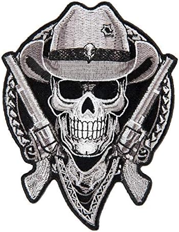 Patchstop kaubojski šešir lubanja i puške sivo željezo na zakrpama za odjeću - 8,75x12in Veliki DIY šivati ​​zakrpu za jakne torbe