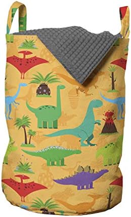 Ambesonne Fantasy torba za pranje veša, razne vrste dinosaurusa praistorijskih biljaka i ilustracija erupcije vulkana, korpa za korpe sa ručkama zatvaranje Vezica za pranje veša, 13 x 19, višebojna