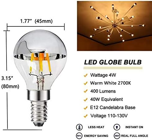 LDCHIUEN G45 G14 4W zatamnjiva E12 LED filament pola hromirana sijalica kruna Globus kandelabra dekorativna LED Edison sijalica 40 Watt toplo Bijela 2700k 4Pack