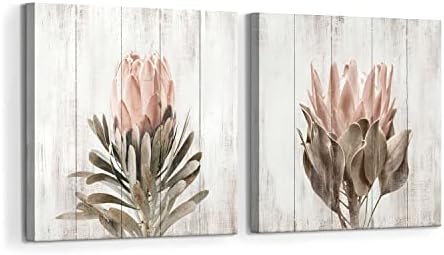 dvostruko drveće Pink Flower Canvas Wall Art: 2 komad rustikalni Protea cvjetna slika Vintage priroda Botanički Print minimalistički
