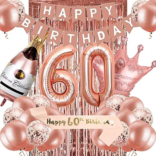 60. rođendanski ukrasi za žene, ružino zlato 60 rođendanske zabave za nju, 60 godina sretan rođendan banner setova ruže zlatni baloni