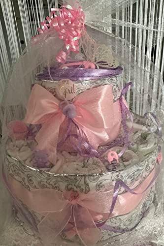 Torta od pelena za djevojčice za Baby Shower svijetlo roze i ljubičaste