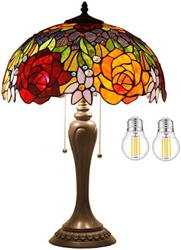 Werfactory Tiffany stolna lampa vitraž noćna lampa Crvena ruža 16x16x24 inča sto za čitanje Light Resin Base Decor spavaća soba dnevni