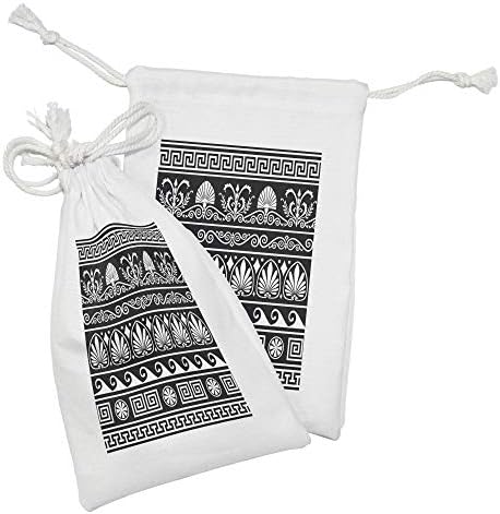 Lunadljiva plemena Tkaninska torbica set od 2, ukrasni dizajn antikne grčke granice horizontalni i ponavljajući uzorak, male torbe za vuču za maske za toaletne potrepštine, crno-bijelo