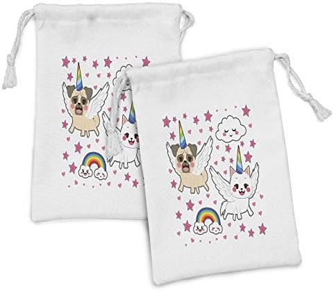Ambesonne jednorog mačka tkanina Tkanina od 2, strip pop art fition životinje Funny lica Rainbow Rogovi zvijezde, mala torba za vuču