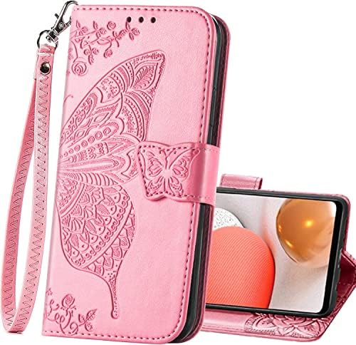 Galaxy A32 5G futrola, za Samsung A32 5G PU kožni novčanik Flip zaštitna futrola za telefon sa narukvicom za kartice držač džepni Emboss Butterfly Flower Stand futrola za Samsung Galaxy A32 5G Pink