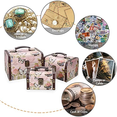 ELLDOO Set od 3 Butterfly Treasure sanduk, drvena + dekorativna kutija za odlaganje PU kože za nakit, kutija za uspomene za djevojčice
