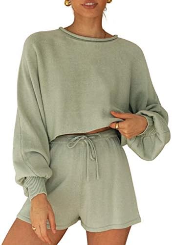 Jninth Ženska 2 komada pletene odjeće Solid pulover Duks puff rukav gornji i kratke hlače