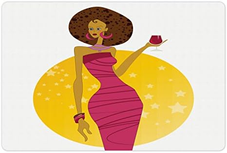Lunarable modna prostirka za kućne ljubimce za hranu i vodu, Američka manekenka sa čašom vina zemljani tonirani Party tematski dizajn