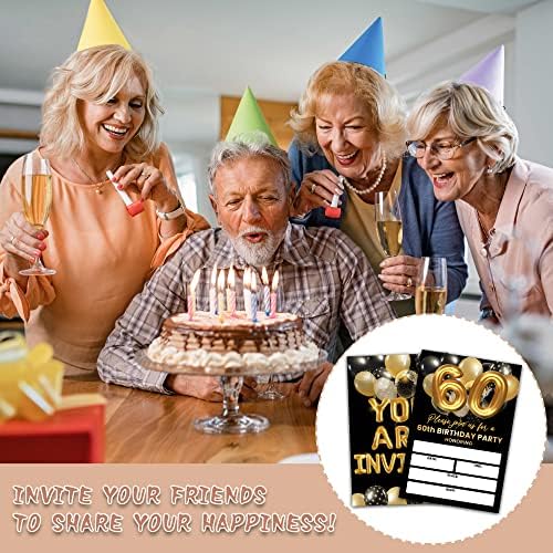 Četvrti rođendani 60. rođendana, crno-zlatni za rođendanski poziv, dvostrano zlatno folija balon za punjenje za muškarce / žene, 20 pozivnica sa kovertama, rođendanska zabava Dobavljači odlikovanja -07