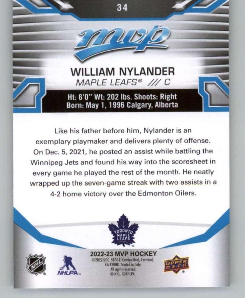 2022-23 Gornja paluba MVP # 34 William Nylander Toronto javorov list NHL hokejaška trgovačka kartica