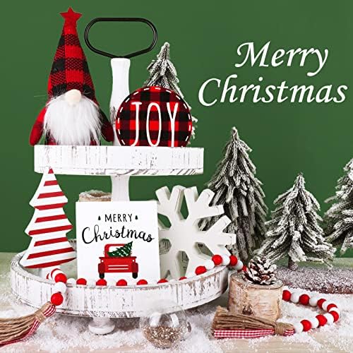 Treory Christed Relied Decor, 6pcs Božićni ukrasni ukrasi Božićno drvce Plish Gnomes Truck Paflake Buffalo Plaid Joy Bead Garland Božićni stol Drveni znak