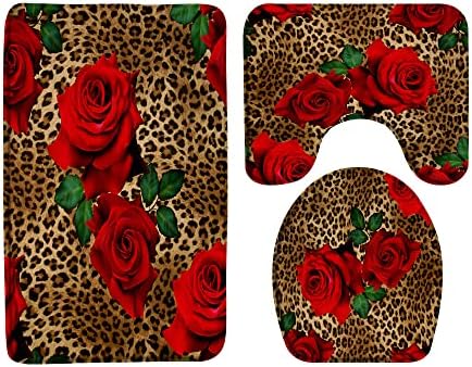 3 komada prostirke za kupanje Leopard cvijet za kupanje Mat Crvena ruža cvijet miješana divlja životinja uzorak kože romantični gepard Safari Creative Valentine, memorijska pjena od mikrovlakana 18x30 inčni Setovi prostirki za kupanje ili dekor za kupaonicu