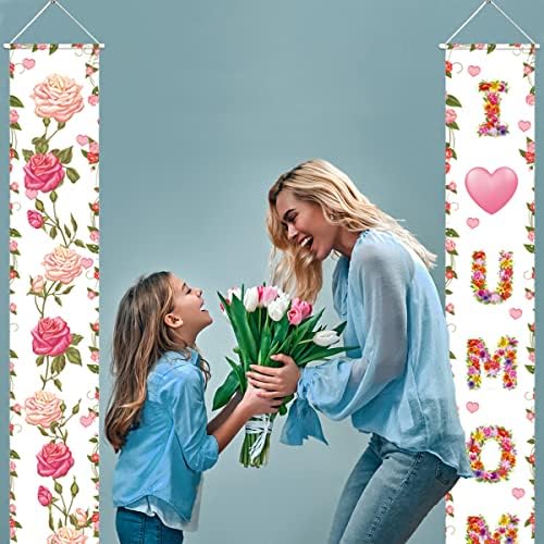 Dekoracija za majke Torch znak - volim te mama baner cvjetni ulazni viseći znak -Mats Dnevna zabava za uređenje za unutarnju / vanjsku hranu