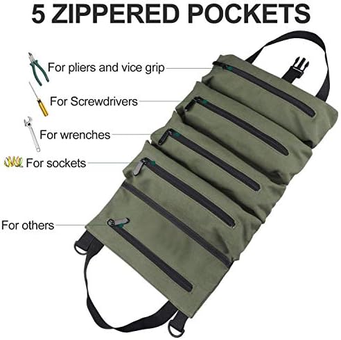 Super Alat Roll up torba / torbica, izdržljivi platneni ključ za valjanje torbica sa 5 džepova sa 5 patentnih zatvarača, organizator sigurnosnog sjedala / zelenom bojom
