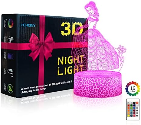 i-CHONY princeza pokloni noćno svjetlo za djevojčice, princeza 3d iluzija lampa sa daljinskim & amp; Smart Touch 16 boje dimabilna spavaća soba dekoracije noćna lampa, princeza igračke za djecu djevojke tinejdžeri rođendanski poklon