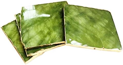 Prirodni zeleni dragi Jade Coaster sa zlatnim rubom za uređenje doma, 3,5-4 inča, kvadratni oblik, set od 4