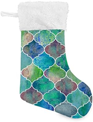 Božićne čarape Marokanski geometrijski uzorak Zeleni akvarel Bijeli plišani manžetni Mercerizirani baršunasti obiteljski odmor personalizirani veliki čarapa Xmas Dekoracija zabave 17.71