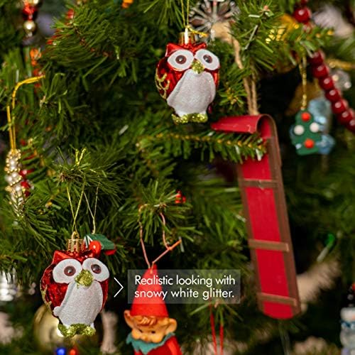 Ornativity Glitter Christmas Owl Ornaments-Snowy Glitter White And Red Animal Owls Christmas Tree Ornament Decorations-4 Birds